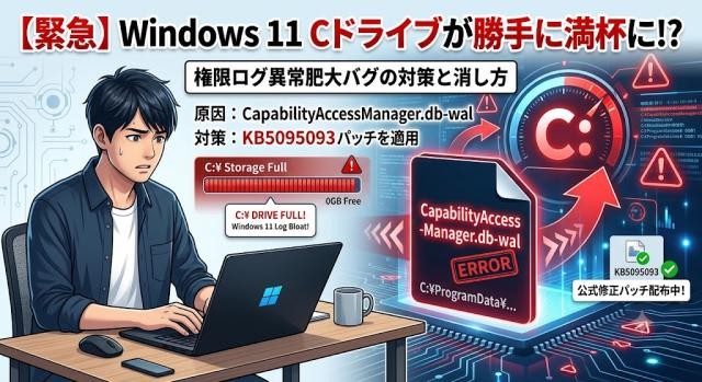Microsoftが「KB5095093」でWindows 11の権限ログ異常肥大バグに対処！システムと予約済みが500GBに達する問題の詳細